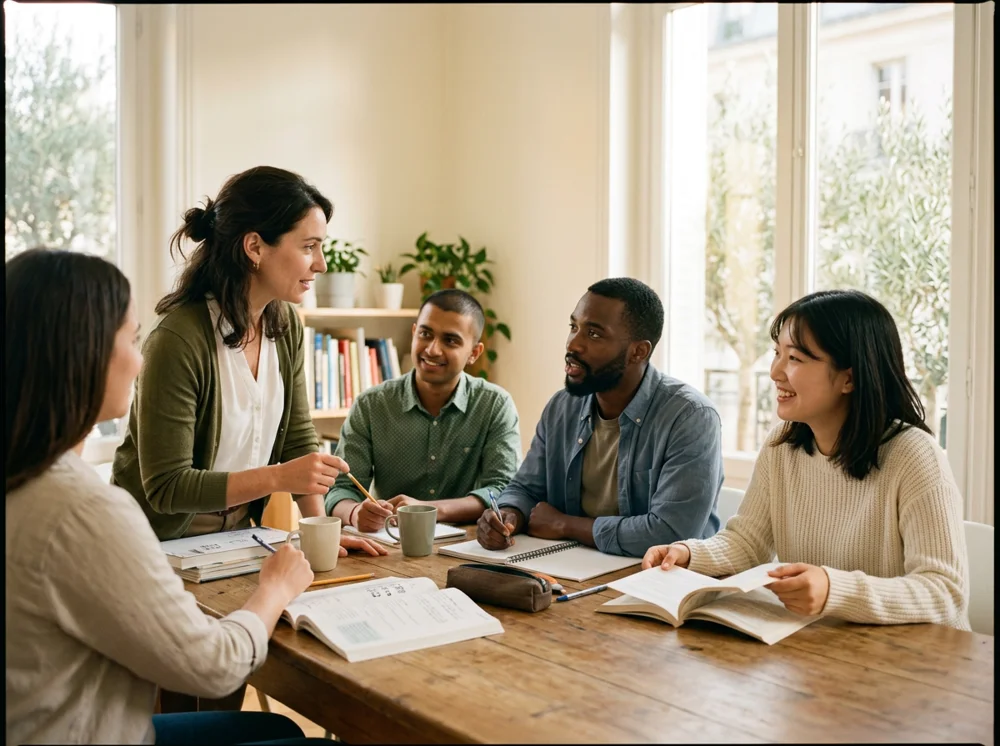 Adult learners sharing a conversation around a table with their tutor